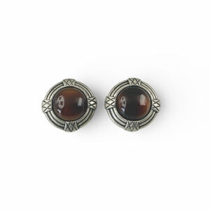 Scottish Pewter Clip On Earrings, Amber Glass Cabochons, Mid Century Celtic